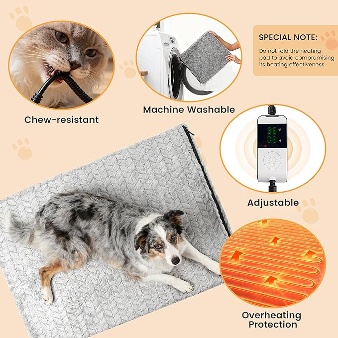 PatiencET 24"x35" Large Heated Dog & Cat Pad – Jumbo Dog Heating Mat with 6-Temp, 5-Timer, Chew-Proof Cord, Washable Outdoor-Indoor Warming Bed