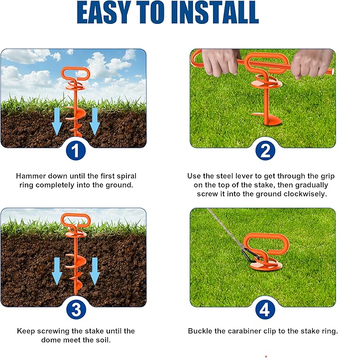Eurmax USA Dog Tie Out Stake Triple Lock Heavy Duty Dog Anchor for Large Dogs Trampoline Stakes Dog for Yard and Outdoor Dog Runner Install & Travel Kit Included,1-Pack(Orange)