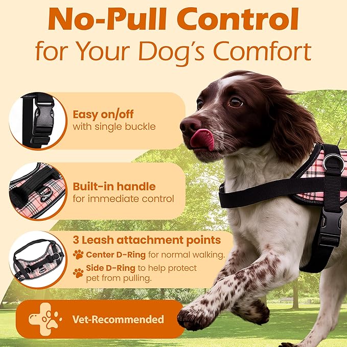 Bark Appeal Pink Plaid No-Pull Dog Harness for Large to Extra Large Sized Pets – Adjustable, Reflective Vest with 3 Leash Clips for Added Control, Easy Walks & Training – XL