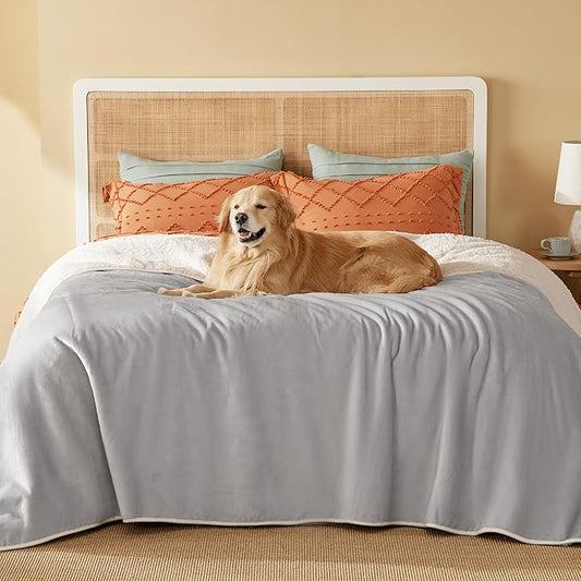 Bedsure Waterproof Blanket for Bed - Sherpa Fleece Waterproof Dog Blankets for Large Dogs, Pet Blankets for Bed/Couch/Dog Crate, Soft Plush Reversible Furniture Protector, Queen, 90"x86", Light Grey