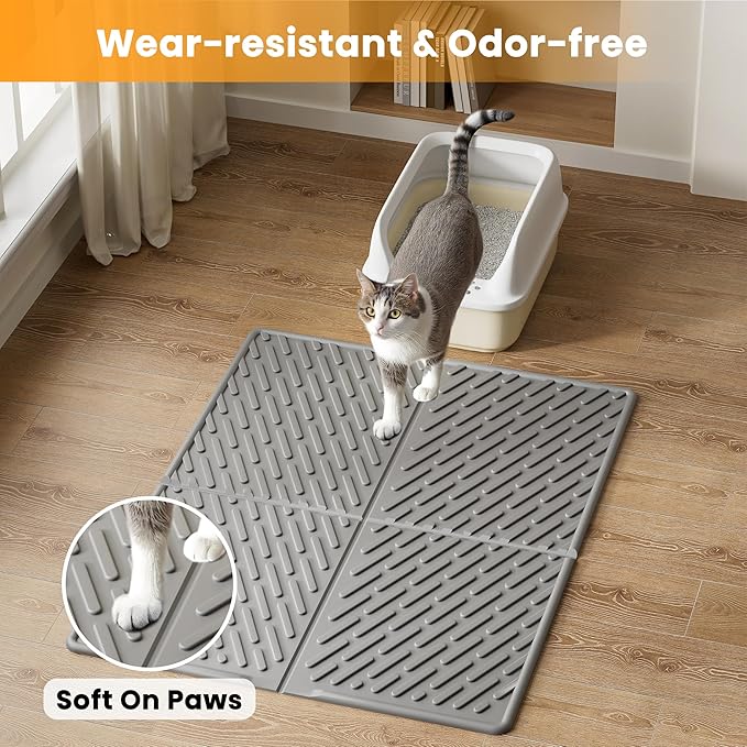 Pieviev Cat Litter Box Mat, 31"x 24" EVA Scratch Resistant Litter Trapping Mat, Easy Clean for Scatter Control, Soft on Kitty Paws, Waterproof & Urine Proof for Indoor Use, Gray