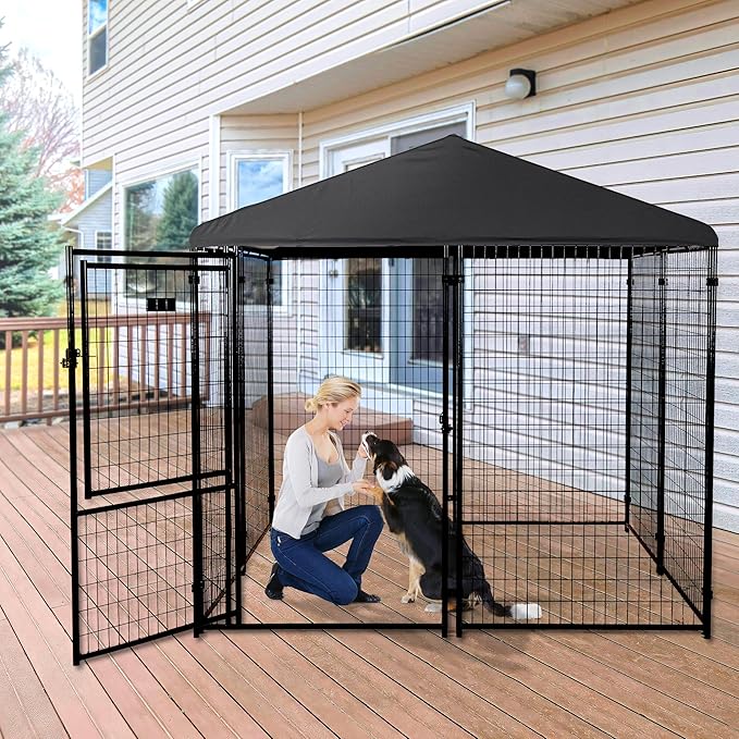 Lucky Dog Stay Series 8 x 8 Feet Executive Black Powder Coat Steel Frame Outdoor Dog Kennel with Waterproof Canopy Roof and Single Gate Door, Grey