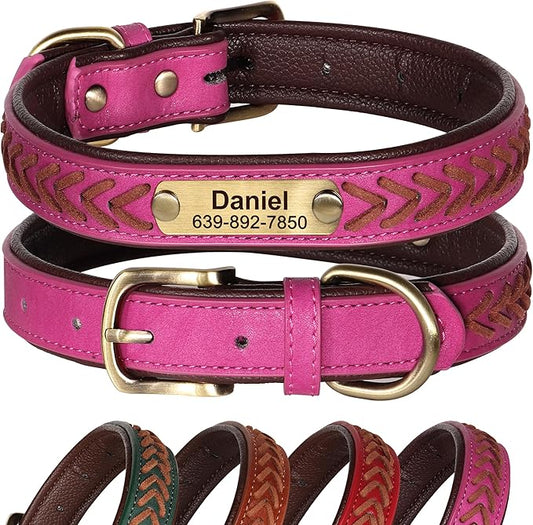 Personalized Dog Collars Custom Premium PU Leather Dog Collar with Name and Phone Number Engraved Name Plate for Small Dogs Customized Customizable Adjustable Dog Collar, Hot Pink,S(10-12")