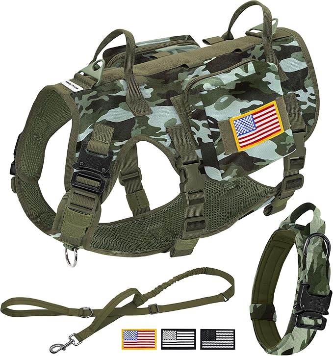 Forestpaw Tactical Dog Harness Tactical Dog Collar with Bungee Leash Set,No Pull Military Dog Harness for Walking Training,Adjustable for Medium Large Dogs,Camouflage Green,Chest 19.5-41.5"