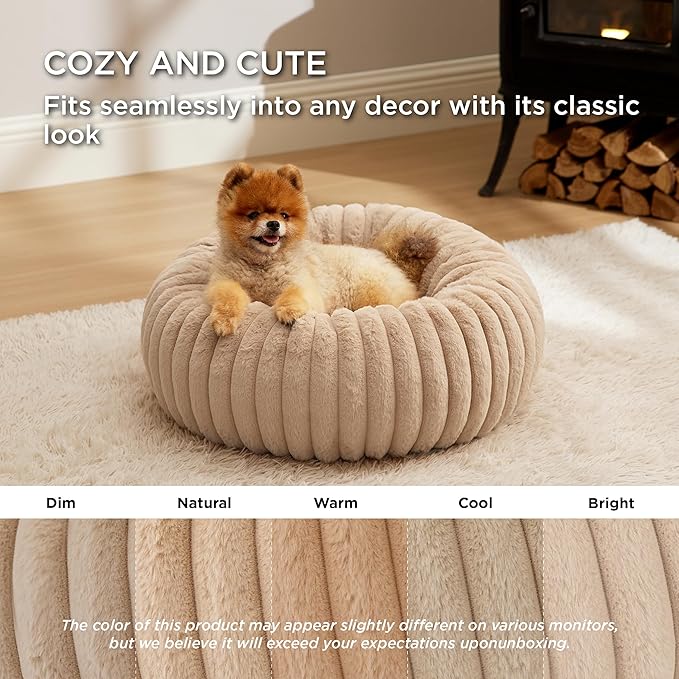 Bedsure Donut Small Dog Bed - Dog Beds for Small Dogs with Corduroy Fleece & Anti Slip Bottom, Round Faux Fur Pet Beds with Washable Removable Cover, Sandy Beige, 23x23x7 inches