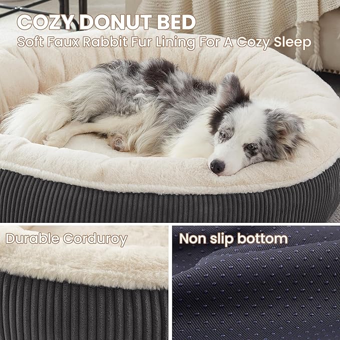 45 inches Donut Dog Bed for Extra Large Dogs,Calming Round Pet Bed with Removable & Washable Cover, Plush Faux Fur & Corduroy, Fits up to 100 lbs Pets(Dark Grey,XL)