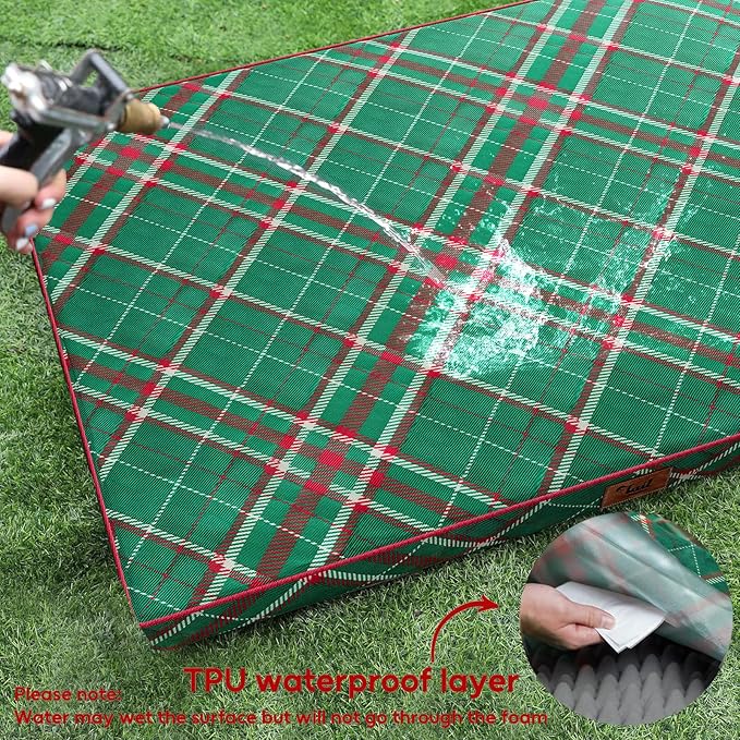 Outdoor Extra Large Dog Bed, Waterproof Dog Bed for Large Dogs, Egg Crate Foam XL Pet Bed with Removable Washable Oxford Cooling Cover, Christmas Plaid