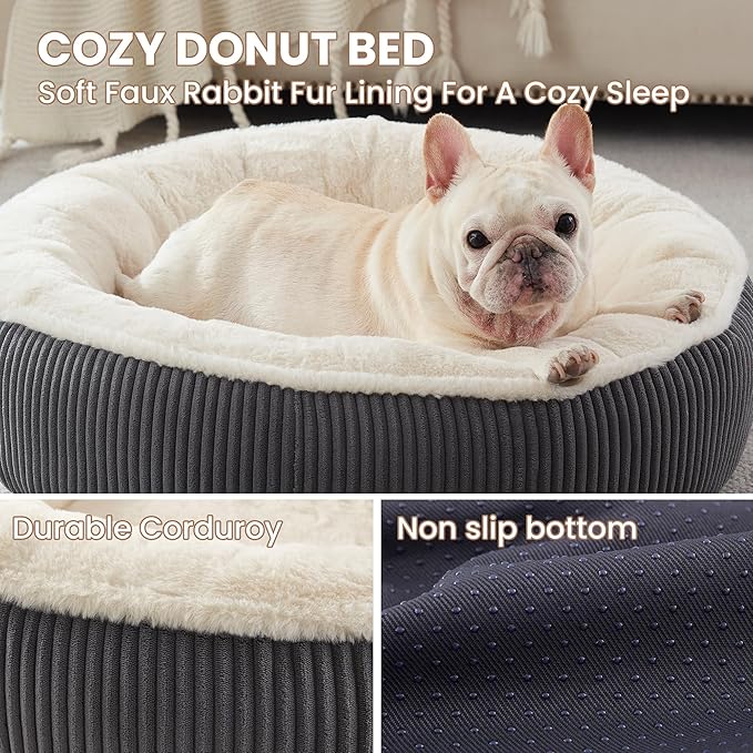 30 inches Donut Dog Bed for Medium Dogs,Calming Round Pet Bed with Removable & Washable Cover,Plush Faux Fur & Corduroy, Fits up to 30 lbs Pets(Dark Grey,Medium)