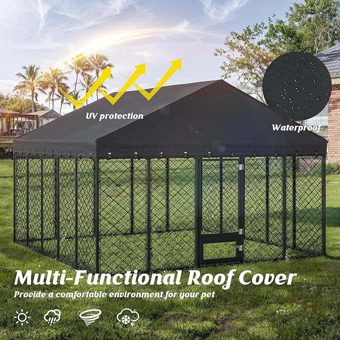 10 × 10 ft Heavy-Duty Outdoor Dog Kennel with Roof – Large Weather-Resistant Metal Dog Enclosure Playpen for Big Dogs with Double-Lock Feeding & Swivel Door