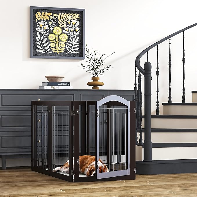 PAWLAND 144-inch Extra Wide 30-inches Tall Dog gate with Door Walk Through, Freestanding Wire Pet Gate for The House, Doorway, Stairs, Pet Puppy Safety Fence, Support Feet Included, Espresso,6 Panels