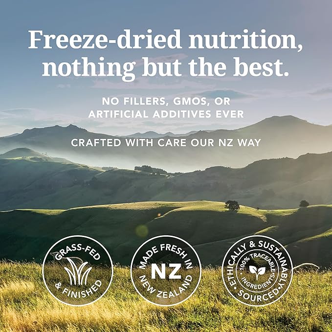 Feline Natural Freeze Dried Cat Food - Grain-Free and High Protein Cat Food from New Zealand, Complete Meal or Topper for Kittens, Adults, and Senior Cats, Grass-Fed Lamb and Venison, 100g