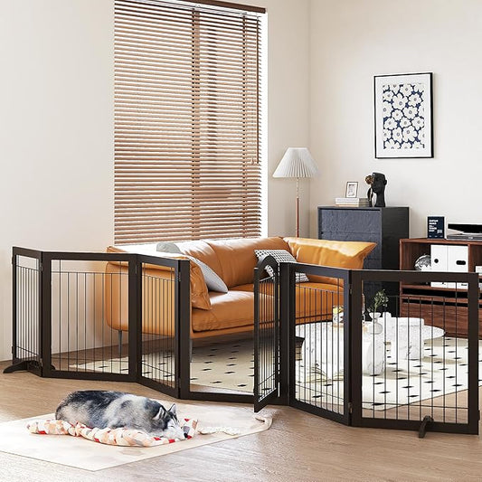 PAWLAND 144-inch Extra Wide 30-inches Tall Dog gate with Door Walk Through, Freestanding Wire Pet Gate for The House, Doorway, Stairs, Pet Puppy Safety Fence, Support Feet Included, Espresso,6 Panels