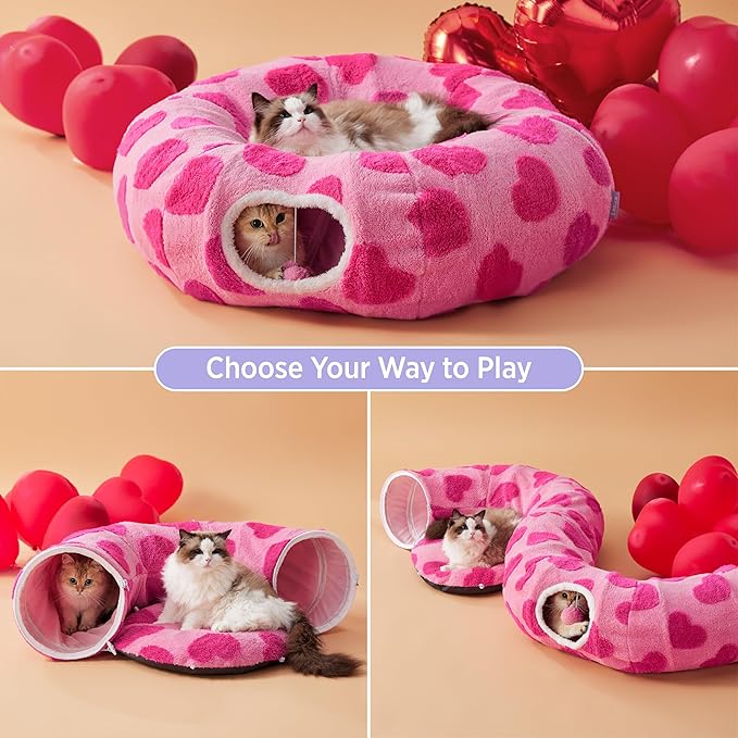 Lesure Cat Tunnel Bed for Indoor Cats - Cute Cat Donut Tunnel Toys with Washable Circle Cushion, Round Pet Peekaboo Cave Toy for Kitten/Puppy/Rabbit, Standard Pink Hearts