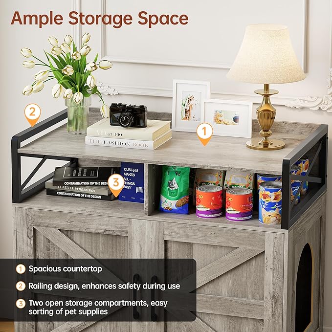 35" Ultra-Large Cat Litter Box Enclosure, Hidden Litter Box Cabinet with Anti-Tipping Fence and 2 Open Drawers, Enclosed Litter Box Furniture End Table, Grey