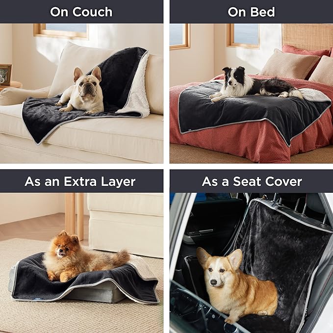 Bedsure Waterproof Blanket for Bed - Sherpa Fleece Waterproof Dog Blankets for Large Dogs, Pet Blankets for Bed/Couch/Dog Crate, Soft Plush Reversible Furniture Protector, Twin Size, 80"x60", Black
