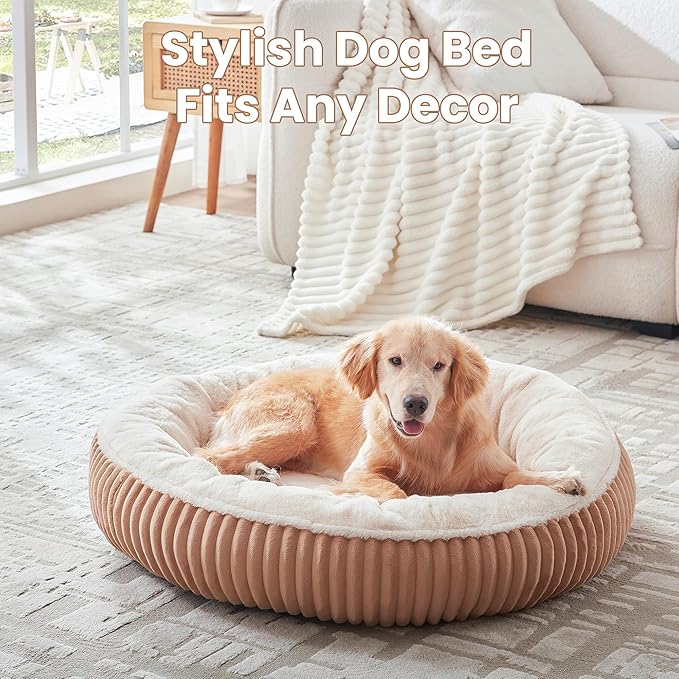 36 inches Donut Dog Bed for Large Dogs - Calming Round Pet Bed with Removable Cover,Washable Milk Plush Faux Fur, Fits Pets up to 80 lbs(Brown,Large)