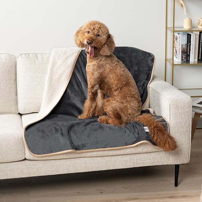 PetAmi Waterproof Dog Blanket for Small Medium Dogs, Pee Proof Pet Blanket for Couch Bed, Reversible Water Proof Blanket for Puppy Indoor Cat, Soft Dog Fleece Blankets Washable, 29x40 Gray/Beige