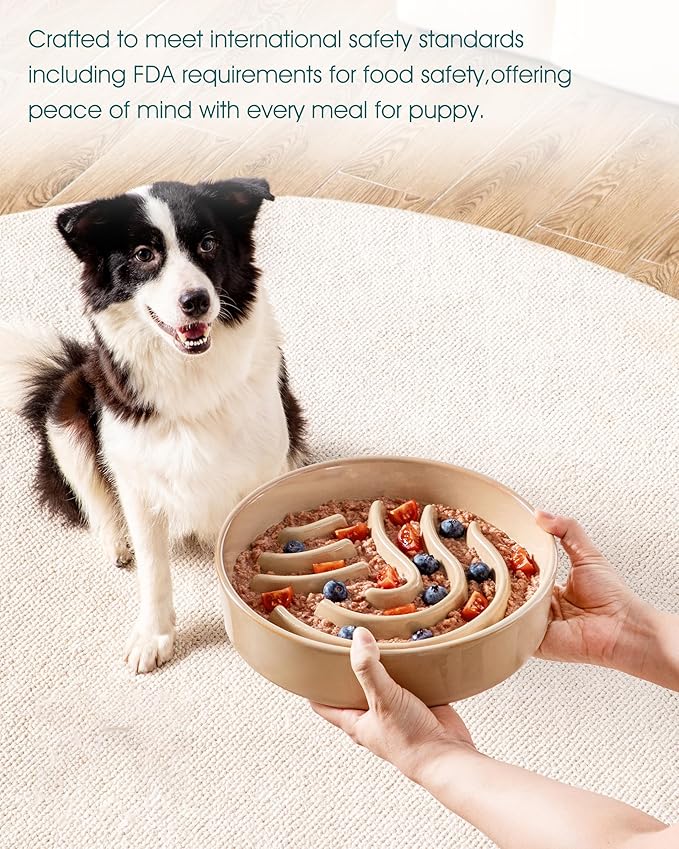 vancasso Slow Feeder Dog Bowl, 3 Cup Ceramic Slow Feeding Food Dish for Large Breed, Puzzle Dog Food Bowl for Fast Eater, Brown