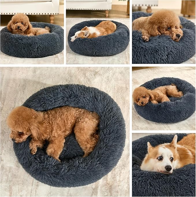 Dog Calming Beds for Medium Large Dogs Round Donut Washable Puppy Dog Bed, Anti-Slip Faux Fur Fluffy Donut Cuddle Anxiety Cat Pet Bed(36" Dark Grey)