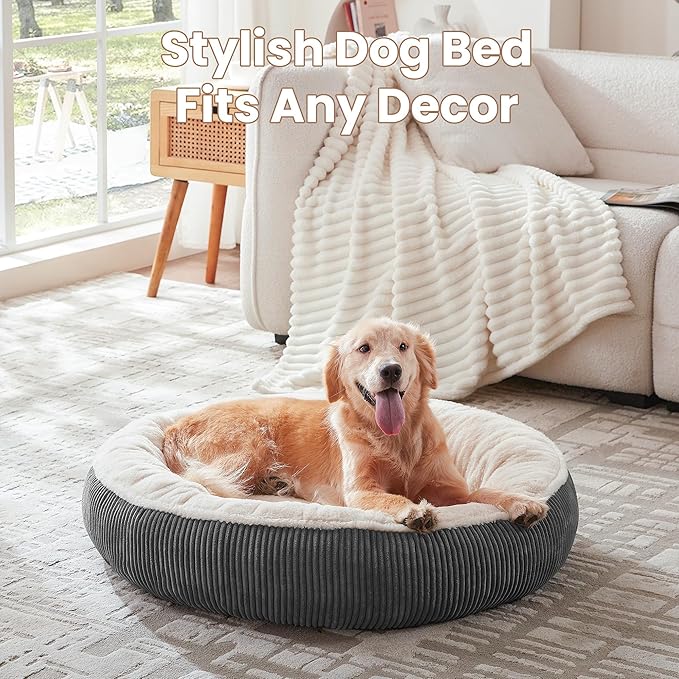 36 inches Donut Dog Bed for Large Dogs - Calming Round Pet Bed with Removable&Washable Cover, Plush Faux Fur & Corduroy, Fits Pets up to 80 lbs(Dark Grey, Large)