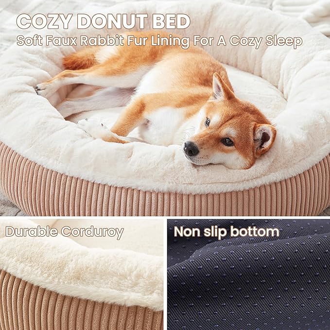 33 inches Donut Dog Bed for Medium Large Dogs,Calming Round Pet Bed with Removable & Washable Cover,Plush Faux Fur & Corduroy, Fits up to 50 lbs Pets(Brown,M Plus)