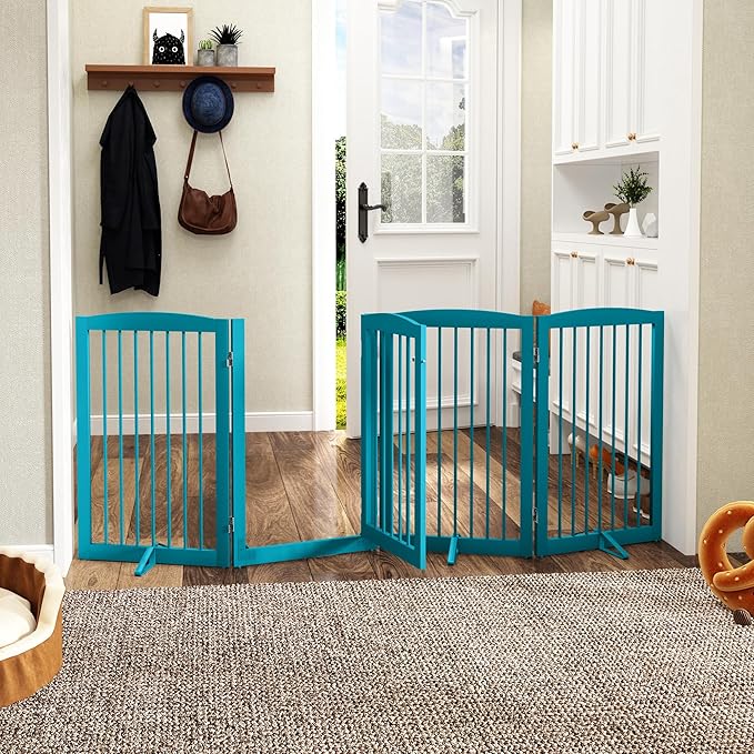 Freestanding Dog Gates with Door Walk Through, Pet Gate for Stairs, 80 inch Wide Gates Indoor, Dog Fences Indoor, Support Feet Included, 4 Panels, 32" Tall, Blue