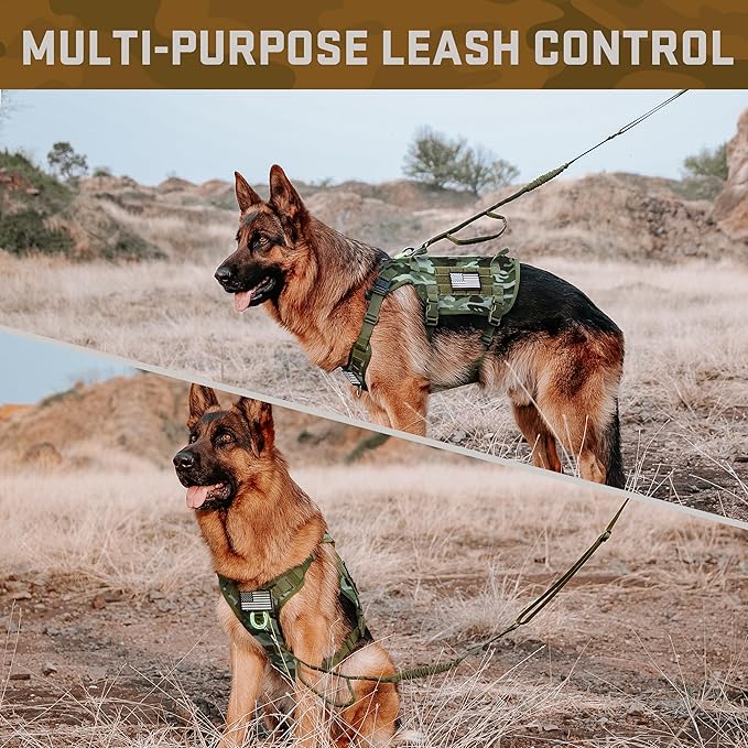 Forestpaw Tactical Dog Harness Tactical Dog Collar with Bungee Leash Set,No Pull Military Dog Harness for Walking Training,Adjustable for Medium Large Dogs,Camouflage Green,Chest 19.5-41.5"