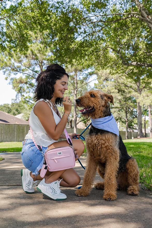 Dog Walking Crossbody with Treat Pouch & Tripod - Hands-Free Storage with Phone Holder, Poop Bag Dispenser, Hook for Used Poop Bags & Training Features (Beige)