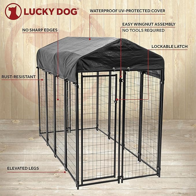 Lucky Dog 8ft x 4ft x 6ft Large Outdoor Dog Kennel Playpen Crate with Heavy Duty Welded Wire Frame and Waterproof Canopy Cover, Black (3 Pack)