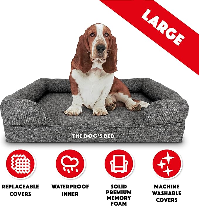 The Dog’s Bed, Large Grey Linen, Memory Foam, Pain Relief: Arthritis, Hip & Elbow Dysplasia, Post Surgery, Lameness, Supportive, Calming, Waterproof Washable Cover, Veterinary Approved