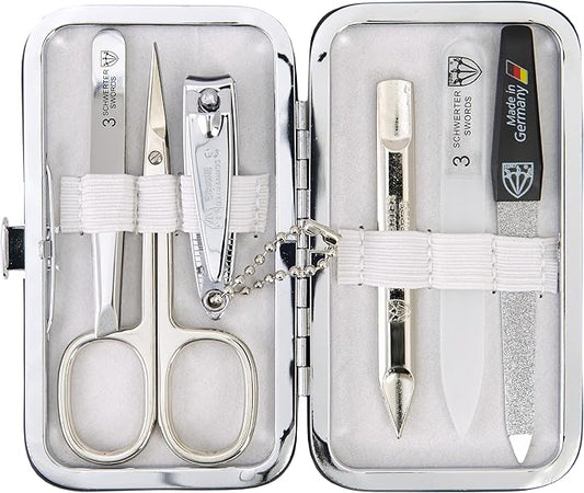3 Swords Germany - Brand Quality 6 Piece Manicure Pedicure Grooming kit Set - Scissors, Metal and Glass Nail File, Clipper, Tweezers with Synthetic Leather case - White