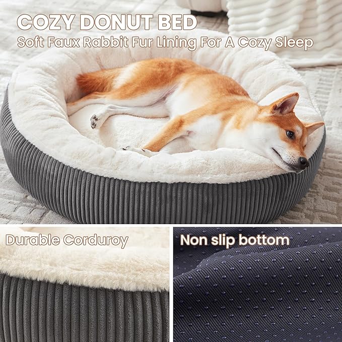 33 inches Donut Dog Bed for Medium Large Dogs,Calming Round Pet Bed with Removable & Washable Cover,Plush Faux Fur & Corduroy, Fits up to 50 lbs Pets(Dark Grey,M Plus)