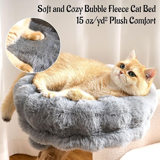 Natural Wood Cat Tree for Indoor Cats Adults, 33in Modern Cat Tree Tower with Super Soft Plush Cat Bed & Perch, Sisal Scratching Posts and Hanging Plush Ball, Frost Gray