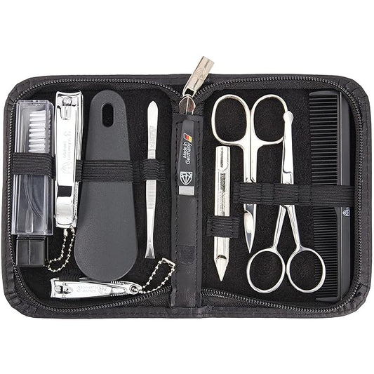3 Swords Germany – brand quality 10 piece manicure pedicure grooming kit set for nail care tweezers file clipper, Made by 3 Swords (BLACK - GENUINE LEATHER)