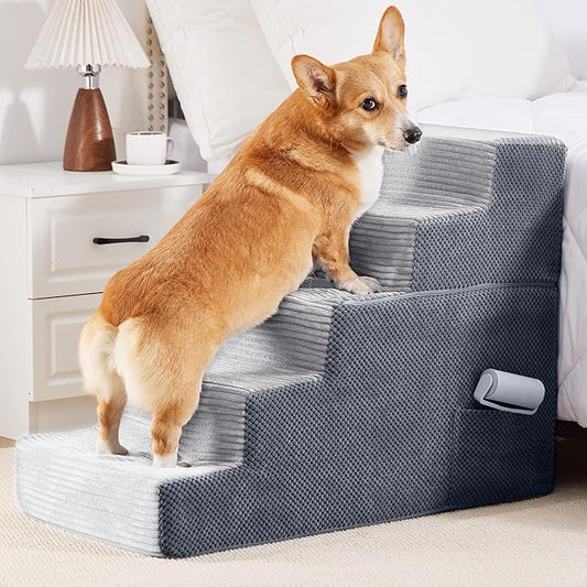 HYLEORY Dog Stairs for Bed 22.5''H, 5-Step Pet Stairs for Small Dogs Cats, Sturdy Pet Steps with Non-Slip Bottom, Functional Portable Dog Ramp for Couch/Chair/Sofa/Car, Storage Pocket, Light Grey-Grey