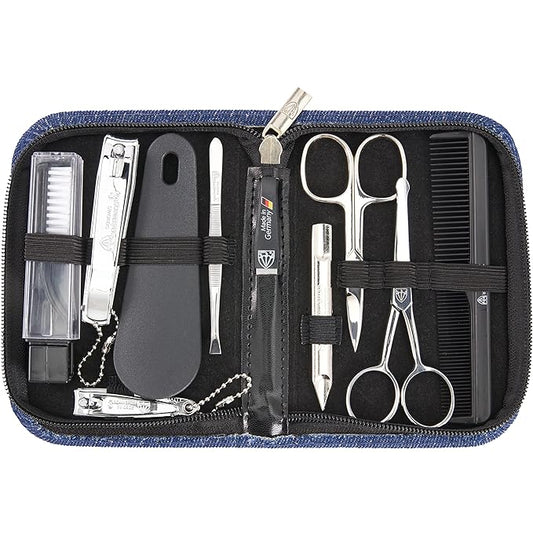 3 Swords Germany – brand quality 10 piece manicure pedicure grooming kit set for professional finger & toe nail care tweezers file clipper fashion leather case in gift box, Made by 3 Swords (7797)