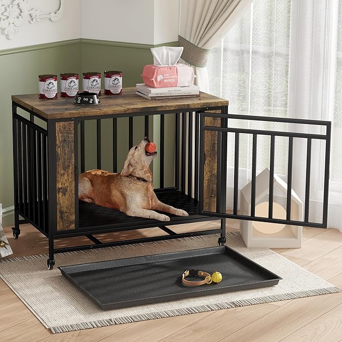 39 Inch Heavy Duty Dog Crate Furniture, Indestructible Wooden Dog Cage Kennel with Lockable Wheels and Removable Tray, Indoor Escape Proof Dogs House for Small Medium Dogs for Living Room Bedroom