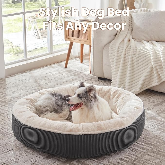 45 inches Donut Dog Bed for Extra Large Dogs,Calming Round Pet Bed with Removable & Washable Cover, Plush Faux Fur & Corduroy, Fits up to 100 lbs Pets(Dark Grey,XL)