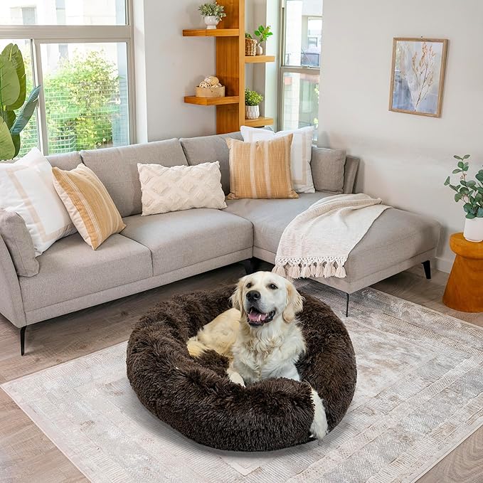 Best Friends by Sheri The Original Calming Donut Dog Bed – Washable Plush Pet Bed for Large Breeds up to 100 lbs, Shag Faux Fur, Dark Chocolate, Large (36" x 36")