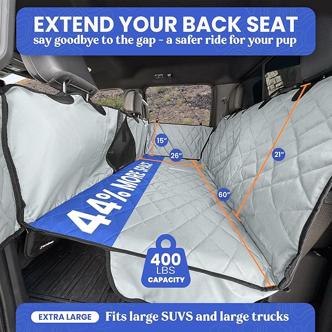 4Knines Hard Bottom Back Seat Extender for Dogs – Waterproof Dog Car Seat Cover – Heavy Duty Backseat Protector for Cars, SUVs, Trucks – Built-in EZ Open Door Protector (Patent Pending) Grey, XLarge