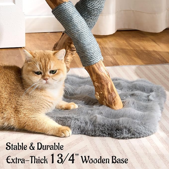 Natural Wood Cat Tree for Indoor Cats Adults, 33in Modern Cat Tree Tower with Super Soft Plush Cat Bed & Perch, Sisal Scratching Posts and Hanging Plush Ball, Frost Gray