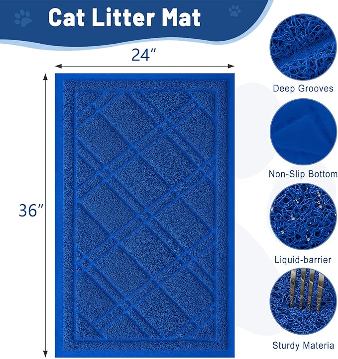 Smiry Cat Litter Box Mat 36x24, Non-Slip Water Resistant Litter Trapping Mat, Easy Clean Less Waste and Urine-Locking Cat Carpet for Indoor, Blue