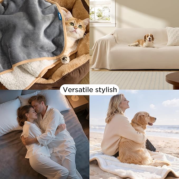 Bedsure Waterproof Dog Blankets for Large Dogs - Large Cat Blanket Washable for Couch Protection, Sherpa Fleece Puppy Blanket, Soft Plush Reversible Throw Furniture Protector, 40"X50", Grey