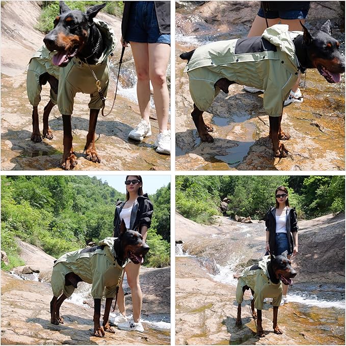 LOVELONGLONG Waterproof Dog Raincoat with Removable Hood – Outdoor Full Body Dog Jacket, Windproof Snowproof Shell Suit – All Season Pet Rain Gear Sage Green XXL