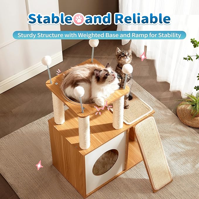 Made4Pets Cat Tree for Indoor Cats, Modern Cat Tower Tall for Large Cats Kitten, Wood Kitty Condo Climbing Furniture Heavy Duty, Vesper Cute Castle with Scratching Post and Ramp