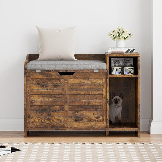 Cat Litter Box Enclosure Furniture with Top Opening and Cushion, Hidden Litter Box Cabinet with Storage, Privacy Cat Box Enclosure, Brown