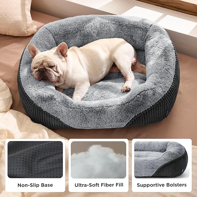 Bedsure Washable Dog Bed Medium Size Dog - Rectangle Fluffy Plush Big Pet Bed, Corduroy Fleece and Nonskid Bottom,30x24x8inches,Suitable for Pet Up to 35lbs,Grey