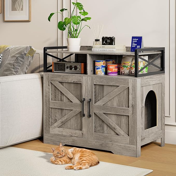 35" Ultra-Large Cat Litter Box Enclosure, Hidden Litter Box Cabinet with Anti-Tipping Fence and 2 Open Drawers, Enclosed Litter Box Furniture End Table, Grey