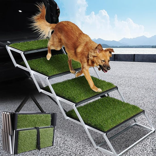 DGSL Dog Ramp for Car, Extra Wide 4 Steps Dog Stairs for Truck, Folding Steps for Dogs with Non-Slip Surface, Pet Loader Dog Steps for Large Dog, SUV, Side Door and Bed (Green, 20In-4 Steps)