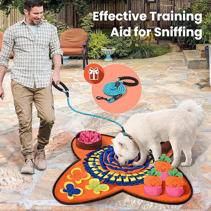 Snuffle Mat for Dogs 32''X20'' for Large Dogs with Dog Leash, Nosework Interactive Sniffing Mat for Cats Rabbits, Slow Feeding Mat for Foraging and Stress Relief (Orange, 32"x20")